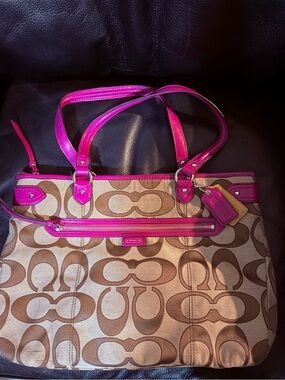 Coach Signature Canvas Tote Bag with Pink Leather Trim 12"H x 16" W Good cond.